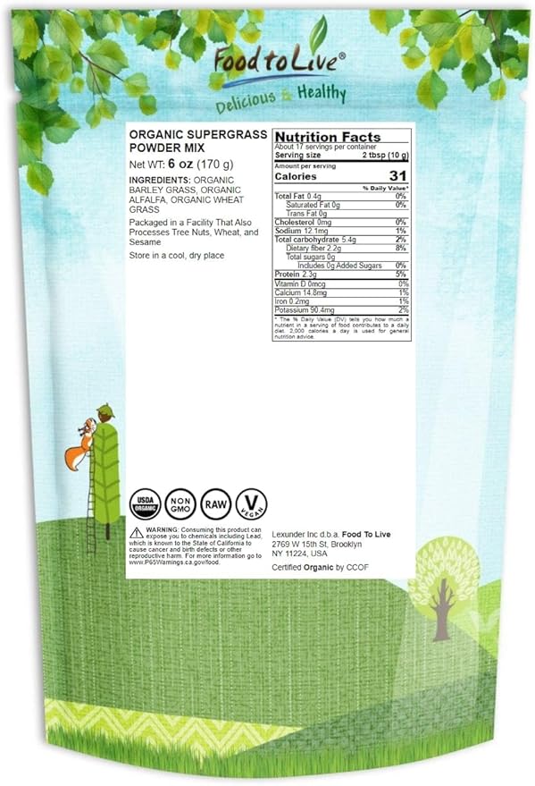 Food to Live Organic SuperGrass Powder Blend, 6 Ounces – Mixed Alfalfa, Barley Grass, and Wheatgrass Powders. Non-GMO, Pure Superfood, Vegan, Kosher, Mixes Well. Perfect for Smoothies and Shakes