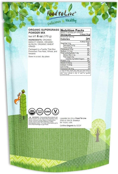 Food to Live Organic SuperGrass Powder Blend, 6 Ounces – Mixed Alfalfa, Barley Grass, and Wheatgrass Powders. Non-GMO, Pure Superfood, Vegan, Kosher, Mixes Well. Perfect for Smoothies and Shakes
