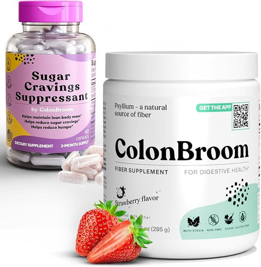 ColonBroom Psyllium Husk Powder Sugar Craving Suppressant - Chromium Picolinate 200mcg, 2 Items - Colon Cleanser Fiber Supplement (50 Servings) + Sugar Craving Suppressant (60 Servings)