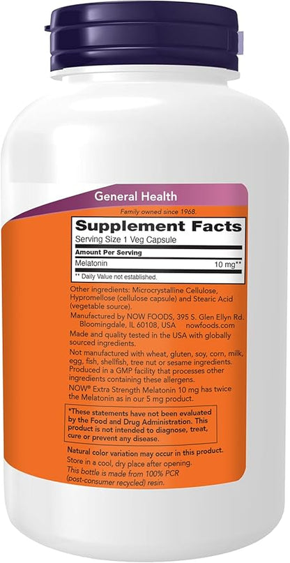 NOW Foods Supplements, Melatonin, Extra Strength 10 mg, Free Radical Scavenger*, Healthy Sleep Cycle*, 200 Veg Capsules
