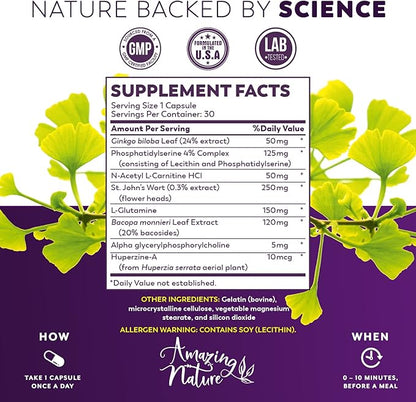 Neuro Booster Nootropics and Brain Supplement for Memory, Clarity, Focus, Relaxation with Gingko Biloba, Bacopa Monnieri, St. John’s Wort & More