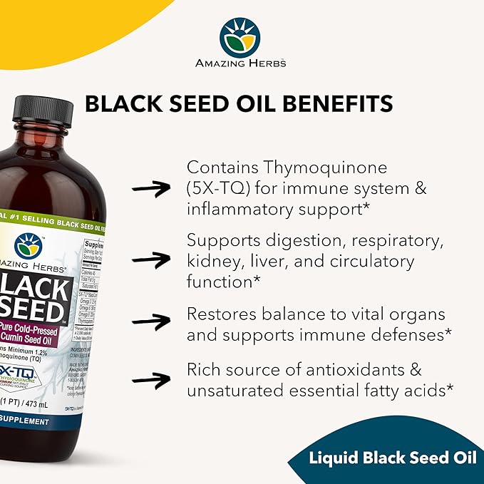 Amazing Herbs Premium Black Seed Oil - Gluten Free, Non GMO, Cold Pressed Nigella Sativa Aids in Digestive Health, Immune Support, Brain Function - 16 Fl Oz (Pack of 2)