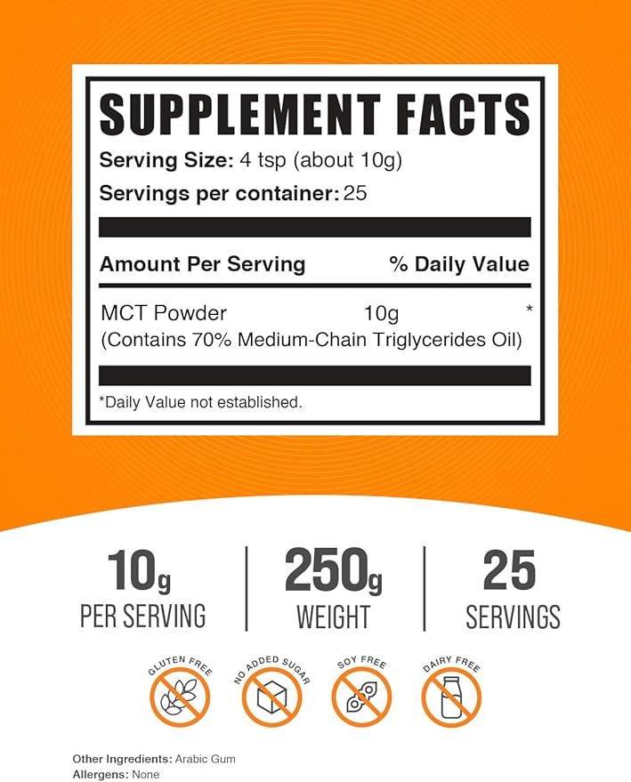 BulkSupplements.com MCT Powder - Medium Chain Triglycerides, from MCT Coconut Oil, MCT Oil Powder - MCT Supplement for Energy - Gluten Free, 10g per Serving, 250g (8.8 oz) (Pack of 1)