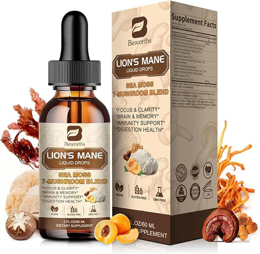 Lions Mane Mushroom Liquid Drops with 6 Mushroom Complex & Irish Sea Moss, Dual-Extracted for Cognitive & Immune Support – Vegan, Non-GMO Supplement – 60mL Peach Flavor