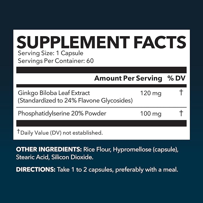 Ginkgo Biloba 120mg with Phosphatidylserine - Nootropic Brain Health, Memory, and Focus Supplement - Supports Cognitive Function, Mental Clarity, and Alertness - 60 Non-GMO Capsules, 2 Month Supply