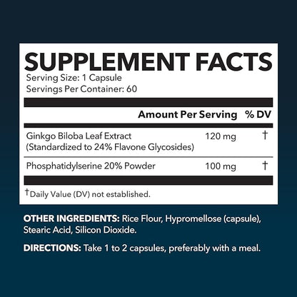 Ginkgo Biloba 120mg with Phosphatidylserine - Nootropic Brain Health, Memory, and Focus Supplement - Supports Cognitive Function, Mental Clarity, and Alertness - 60 Non-GMO Capsules, 2 Month Supply