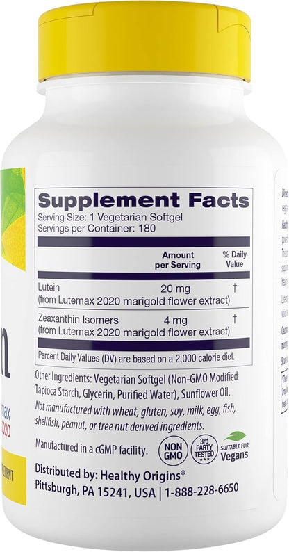 Healthy Origins Lutein 20 mg (Lutemax 2020 with Zeaxanthin, Non-GMO, Vegan, Eye Support), 180 Veggie Gels