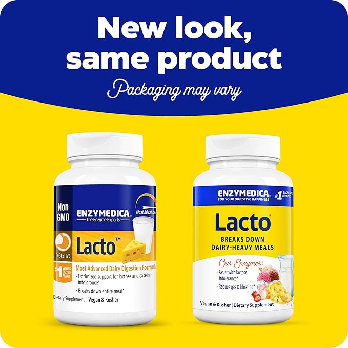 Enzymedica Lacto, Digestive Enzymes for Complete Dairy Digestion, Offers Fast-Acting Gas & Bloating Relief, Standard Packaging, 180 Count