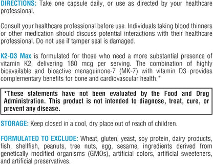 XYMOGEN K2-D3 Max - Vitamin D3 K2 with 180mcg VIT K Per Capsule - Bioavailable Vitamin D 5000 IU (Cholecalciferol) with Vitamin K2 MK-7 - Bone Health + Immune Support Supplement (60 Capsules)