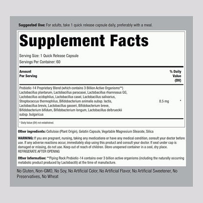 Piping Rock Probiotic Acidophilus Capsules | 60 Pills | 3 Billion CFU | Supplement for Women and Men | 14 Strains | Non-GMO, Gluten Free
