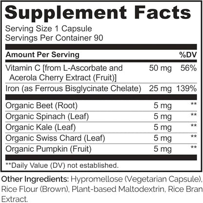 NATURELO Vegan Iron Supplement with Vitamin C and Organic Whole Foods - Gentle Iron Pills for Women & Men with Iron Deficiency Including Pregnancy, Anemia and Vegan Diets - 90 Mini Capsules