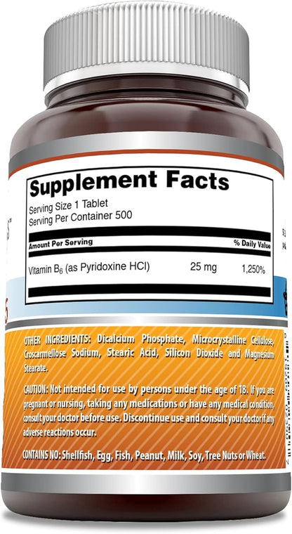 Amazing Formulas Vitamin B6 Pyridoxine 25mg Tablets Supplement | Non GMO | Gluten Free | Made in USA (500 Tablets)
