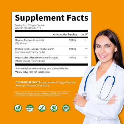 Mushroom Complex Supplement 120 Capsules - Brain, Energy, Focus Pills