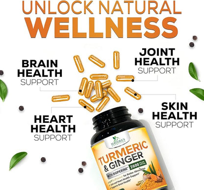 Turmeric Supplement Curcumin 2600mg - with Organic Ginger & Turmeric, BioPerine Black Pepper Extract 95% Curcuminoids - Advanced Absorption Antioxidant & Joint Support - Vegan - 60 Capsules