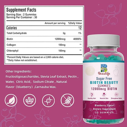 Biotin Collagen Gummies, Hair Skin and Nails,for Women & Men, Biotin, Chlorophyl, Collagen, Biotin Supplement, 60 Gummy Bears