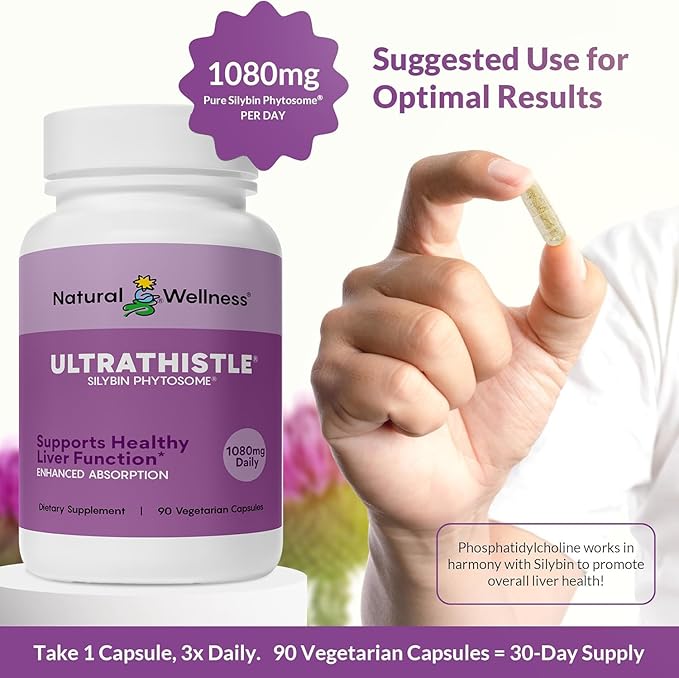 Natural Wellness UltraThistle® Advanced Milk Thistle Liver Support - 1080mg Silybin Phytosome Patented Formula (No Soy) - Herbal Liver Cleanse & Detox Supplement, 30-Day Supply Care