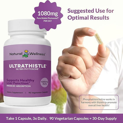 Natural Wellness UltraThistle® Advanced Milk Thistle Liver Support - 1080mg Silybin Phytosome Patented Formula (No Soy) - Herbal Liver Cleanse & Detox Supplement, 30-Day Supply Care