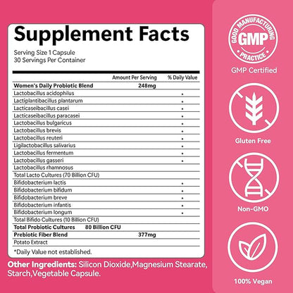 Women's Probiotics and Prebiotics 80 Billion CFUs, 16 Probiotic Strains, Probiotics for PH Balance, Supports Digestive & Gut Health, 30 Capsules