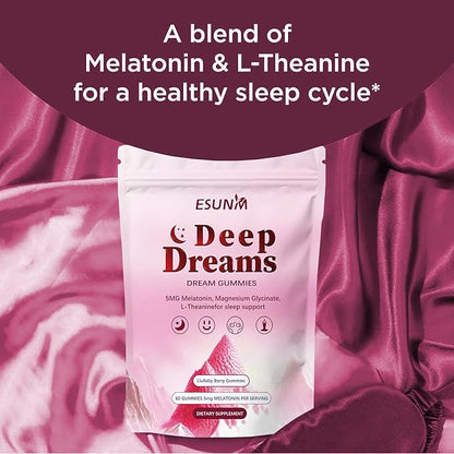 Deep Dream Sleep Gummies with 5mg Melatonin, Magnesium, Glycinate, L-Theanine for Sleep Support- Non-Habit Forming Sleep Supplement,60 Gummies, 30 Day Supply