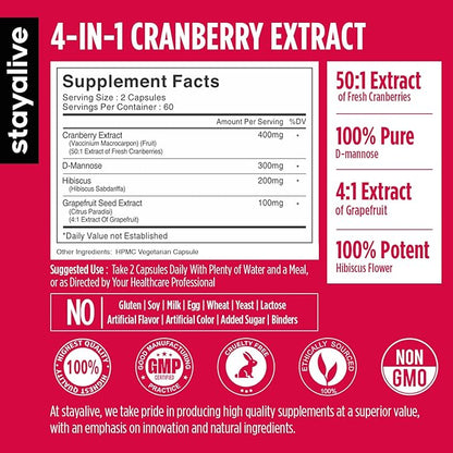 STAY ALIVE Cranberry Pills for Women and Men 1000mg with D-mannose, Hibiscus and Grapefruit Seed Extract, 120 Count, D-mannose Cranberry Supplement, Vegan, Non-GMO & Gluten-Free Powder Capsules