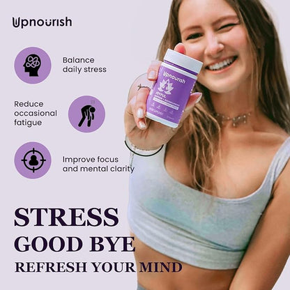 UpNourish Organic Ashwagandha Saffron Supplements with Probiotics - Stress Relief, Mood Enhancer, Calm Happy Pills Support Fatigue Focus Clarity with L-Theanine, Rhodiola, 30 Vegan Capsules