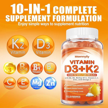 Vitamin D3 K2 Gummies for Adults - Vitamin D3 5000IU + K2 (MK-7) 120mcg - Sugar-Free D3 and K2 Supplements with Omega-3, Methyl B12, B9, B6, Vitamins E & Zinc - for Calcium Absorption & Immune Health