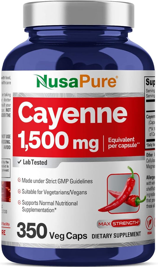NusaPure Cayenne Pepper 1500mg Per Caps, 350 Veggie Capsules Vegan Vegetarian, Non-GMO