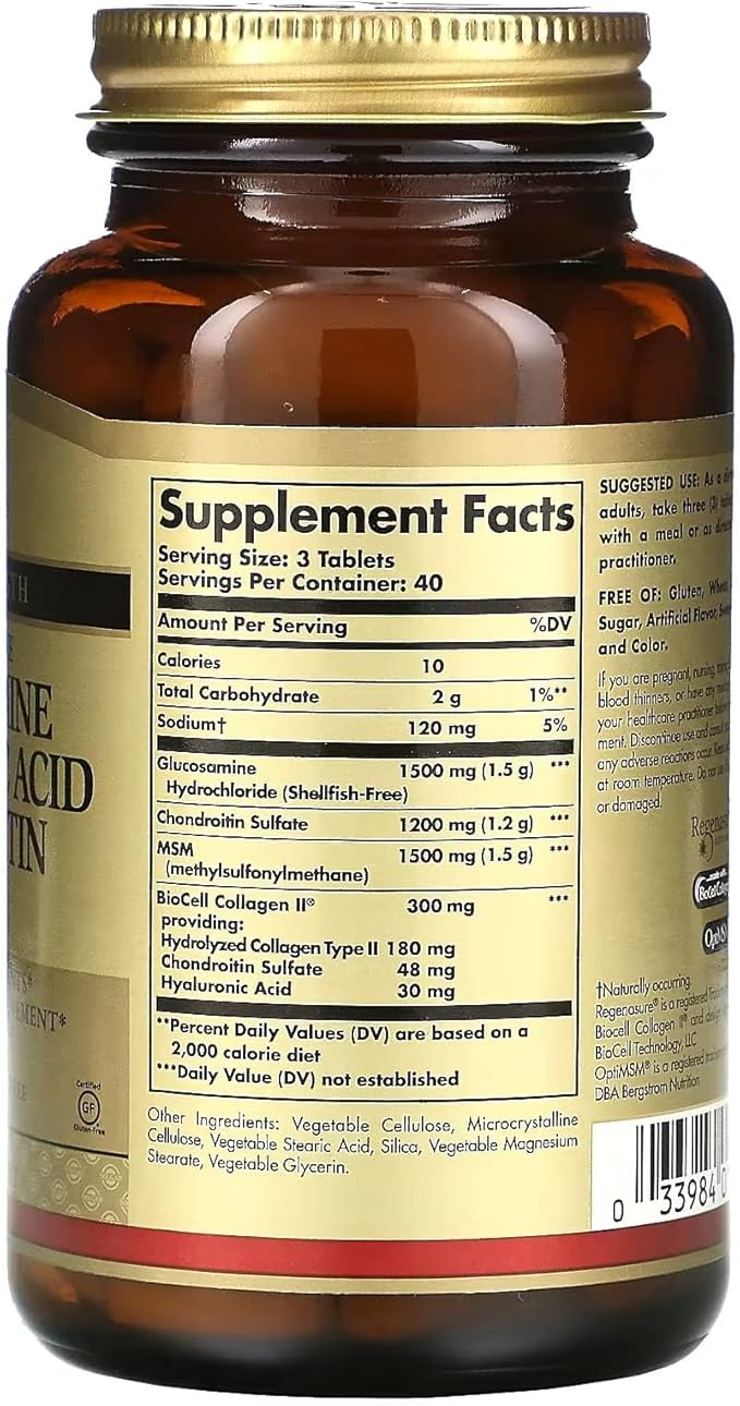 Solgar Glucosamine Hyaluronic Acid Chondroitin MSM, 120 Tablets - Supports Healthy Joints - Supports Range of Motion & Flexibility - Extra Strength, Shellfish Free - Non-GMO, Gluten Free - 40 Servings