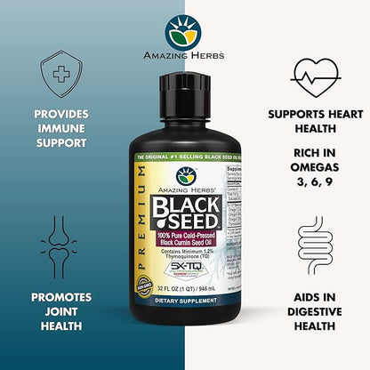 Amazing Herbs Premium Black Seed Oil - Cold Pressed Nigella Sativa Aids in Digestive Health, Immune Support, Brain Function, Joint Mobility, Gluten Free, Non GMO - 32 Fl Oz (Pack of 2)