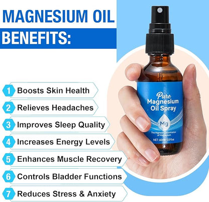 Topical Magnesium Oil Spray, Pure Magnesium Oil Spray for Feet, 100% Pure and Organic, Quick Absorption - Natural Source with Powerful Organic Blend of Essential Oils 2.02 fl oz (2 Fl Oz (Pack of 1))