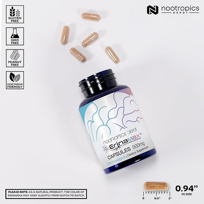 Nootropics Depot Erinamax Lion's Mane 500mg Capsules | Liquid Culture Mycelium | 2.5mg Erinacine A | Mood, Cognition, & Nerve Support | 120 Count