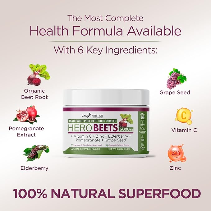 Gade Nutriition Hero Beets - Organic Beet Root Powder - Non-GMO Superfood Supplement - with Elderberry, Pomegranate, Grape Seed - Natural Berry Flavor, 30 Servings