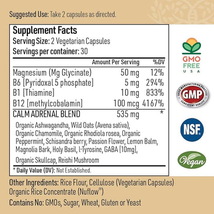 Zen Calm Stress Adrenal Support Supplement Organic Adaptogenic Herbs - Magnesium, B Vitamins, GABA & More to Support a Natural Calm. Non-Drowsy. Non-GMO (60 Veggie Caps)