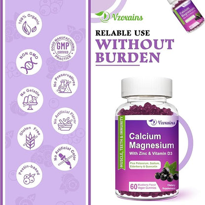 High Absorption Calcium Gummies, Calcium Magnesium Zinc with Magnesium Glycinate, Potassium, Vitamin D3 for Women & Men- Blueberry Flavor 120 Cts