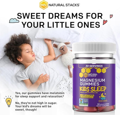Natural Stacks Kids Sleep Magnesium Gummies with Melatonin - 100mg Magnesium Citrate - Melatonin Gummies for Sleep Quality - Nighttime Aid for Kids with Chamomile - 30 Mixed Berry Chewables