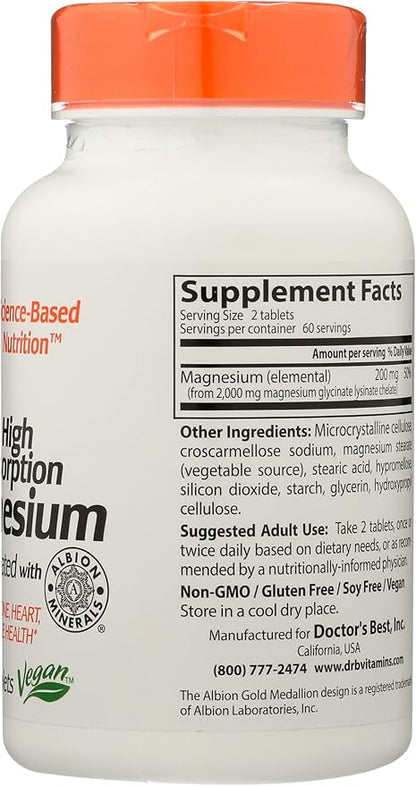 Doctor's Best Mineral Magnesium, Non-GMO, Vegan, 120 Tablet (Pack of 1)