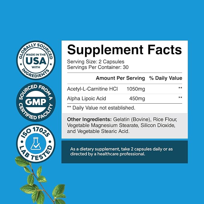 ALC and Alpha Lipoic Acid Supplements - Acetyl l-carnitine Alpha Lipoic Acid Antioxidant Supplement - Essential Fatty Acids for Skin Care Health AMPK Activator and Metabolism Booster for Weight Loss