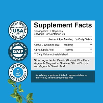ALC and Alpha Lipoic Acid Supplements - Acetyl l-carnitine Alpha Lipoic Acid Antioxidant Supplement - Essential Fatty Acids for Skin Care Health AMPK Activator and Metabolism Booster for Weight Loss