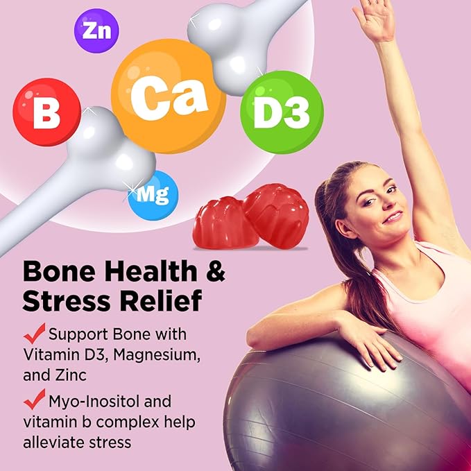 Myo-Inositol & D-Chiro Inositol Gummies, Vitamin B6 B12 & Folate for Women, Vegan, Sugar Free, Strawberry Flavor, 60 Count