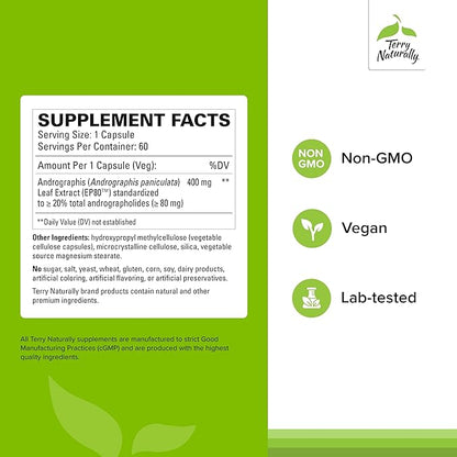 Terry Naturally Andrographis EP80 Extra Strength - Brain Health & Immune Support - Joint Health Support to Aid Mobility - Adaptogen Supplement for Energy & Liver Support - 60 Capsules (Pack of 2)