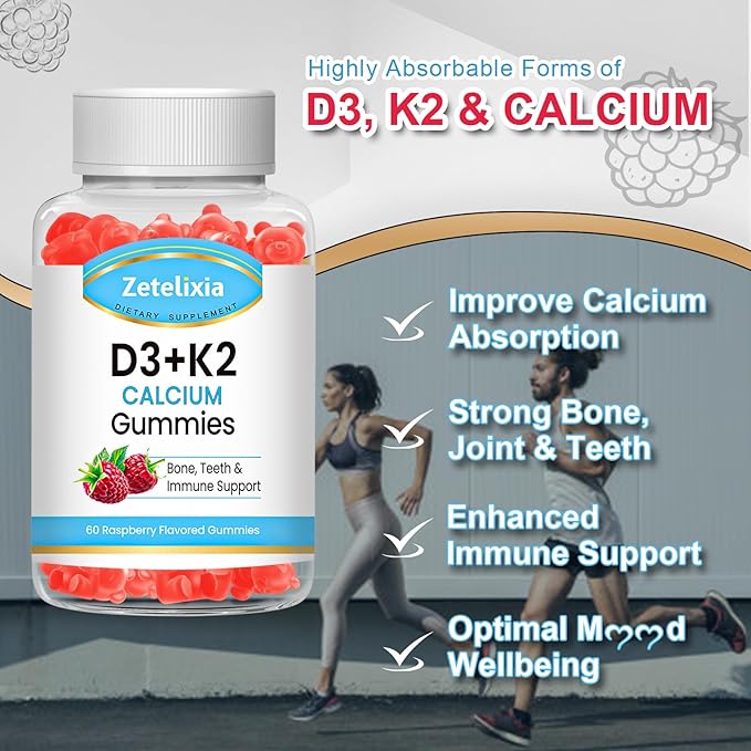 Sugar-Free Vitamin D3 K2 Gummies, Vitamin D3 2000 IU, K2 (MK7) 120mcg, Calcium 600 mg with Vitamin D3, Support B0ne & Immune Health, Vegan, Gluten Free, Raspberry Flavor, 60 Count