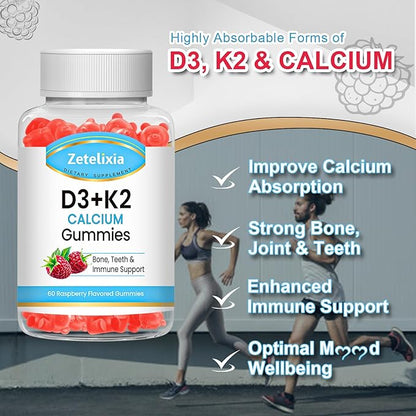 Sugar-Free Vitamin D3 K2 Gummies, Vitamin D3 2000 IU, K2 (MK7) 120mcg, Calcium 600 mg with Vitamin D3, Support B0ne & Immune Health, Vegan, Gluten Free, Raspberry Flavor, 60 Count