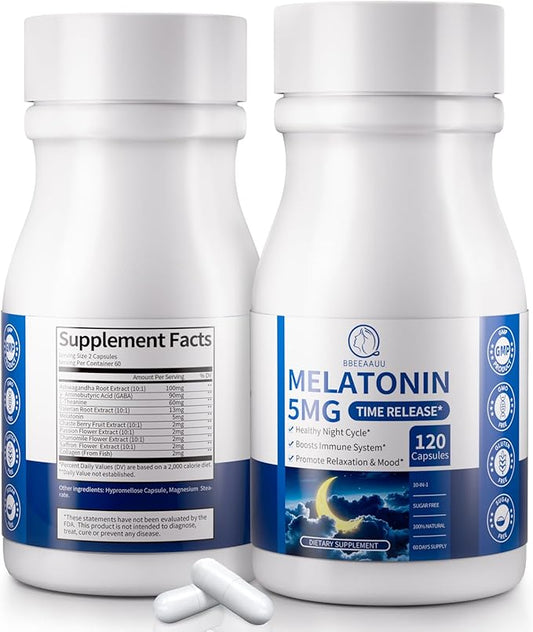 Melatonin 5mg Extended Release Supplements - Women Men Night Support, Relaxation & Immune - 10-in-1 Melatonin Capsules with Ashwagandha & GABA, Sugar Free, 120 Capsules, 60-Day Supply