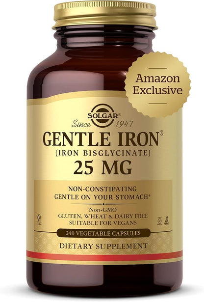 Solgar Gentle Iron, 240 Vegetable Capsules - Ideal for Sensitive Stomachs - Non-Constipating - Red Blood Cell Supplement - Non GMO, Vegan, Gluten Free, Dairy Free, Kosher - 240 Servings