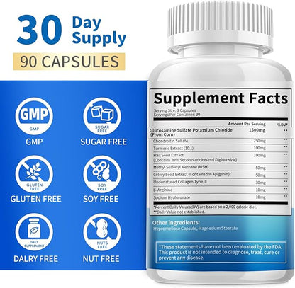 Glucosamine Chondroitin Capsules 1500mg with MSM, Collagen, Turmeric - Joint Support Supplement for Men & Women, Joint Health Antioxidant Support, 90 Capsules