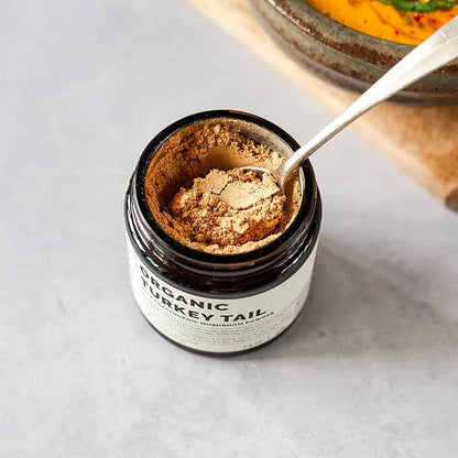 Erbology Organic Turkey Tail Mushroom Powder 40 Servings - 22% Beta-glucans - Prebiotic and Gut Nourishing - Trametes Versicolor - Small Batch - Sustainably Grown in Europe - Vegan - Non-GMO