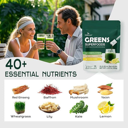 Greens Superfood Powder Packets, 0 Sugar, 40+ Superfoods Drink Mix, Fiber, Prebiotics, Red Ginseng & Saffron, Daily Live It Up Super Greens Powder, Immune Support & Energy, Unflavoured, 15 Packets