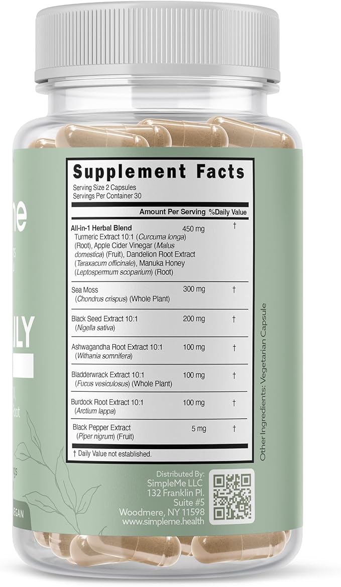 Burdock Root Organic and Bladderwrack 10 in 1 Immunity Booster Power Blend with Irish Sea Moss, Ashwagandha and Black Seed Supplement for Men and Women, Seamoss Pills Herbal, Vegan - 60 Capsules