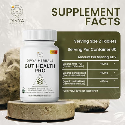 Gut Health Pro - Bloat Relief, Detox & Digestive Support - 100% Pure Organic Triphala Supplement - for Women & Men - Uncoated Vegan Tablets -120Ct