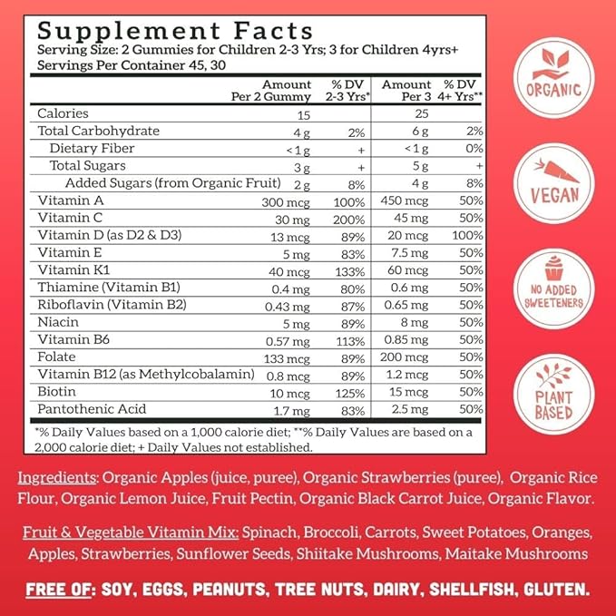 Llama Naturals Kids Multivitamin Gummies, Vegan, Organic with Vitamin D, C & K, Toddler Real Fruit Gummy Vitamins, Chewable Supplement, Whole Food Multivitamin, No Added Sugar Cane, Strawberry, 90 Ct
